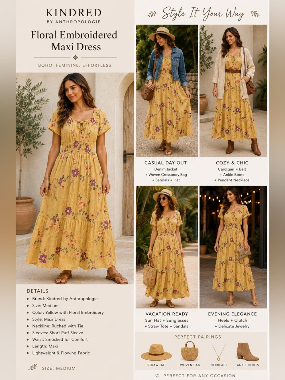 NWT Anthropologie Kindred Goldenrod Yellow Embroidery Smocked Maxi Dress Lined M